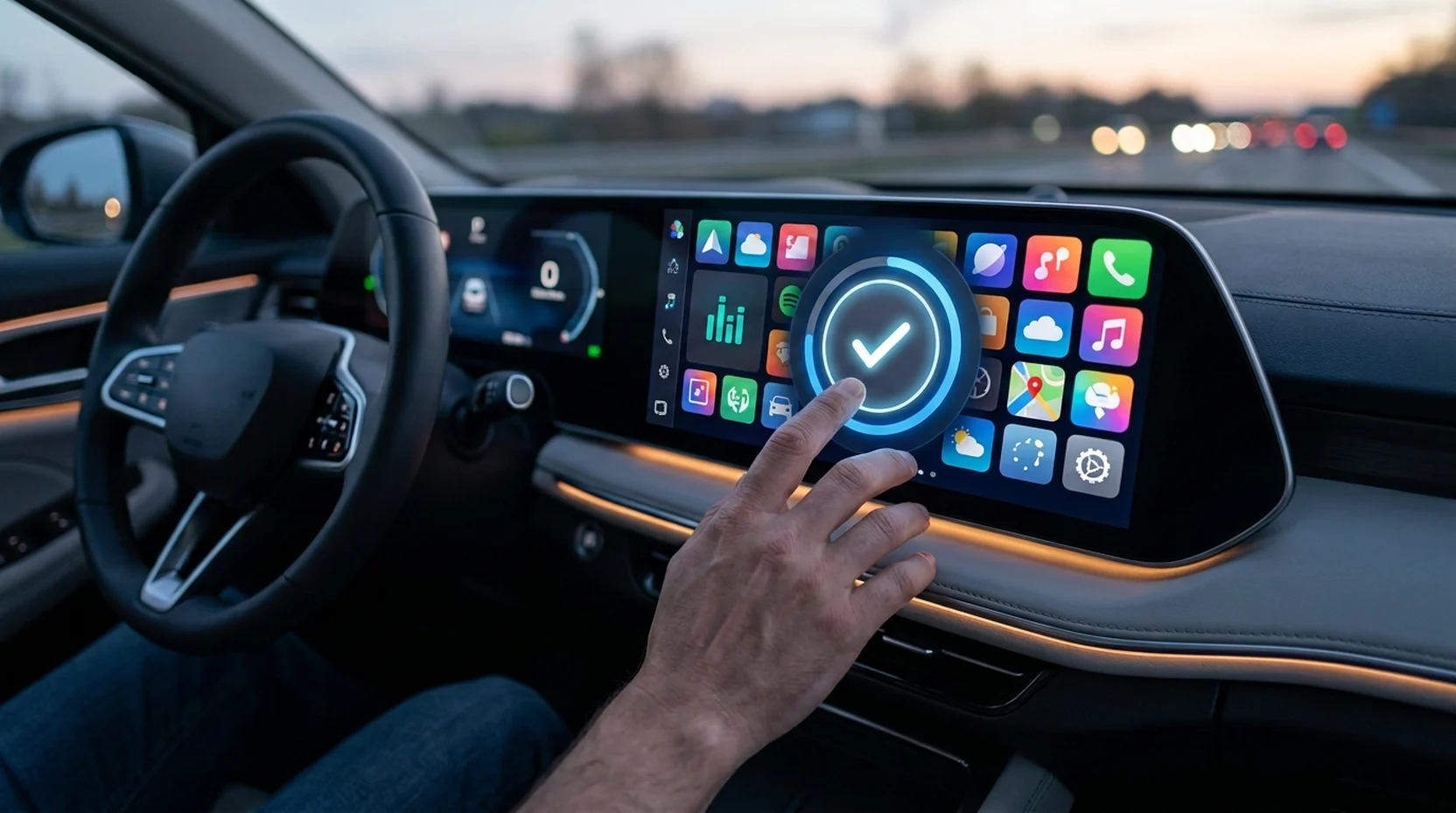 Driver confirming an over-the-air software update on the infotainment screen